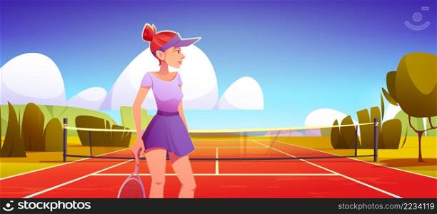 Young woman tennis player wear uniform with racket in hand stand at outdoor sports court with basket and green trees around under blue cloudy sky, sportswoman training, Cartoon vector illustration. Young woman tennis player wear uniform with racket