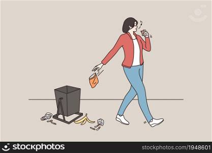 Young woman throw away garbage littering on street, not care about environment. Careless girl show bad manners behavior, skip trash bin. Air pollution problem concept. Vector illustration.. Careless young woman littering on street