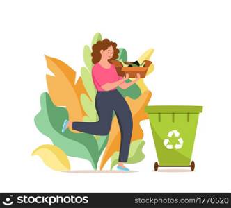 Young woman throwing glass garbage into containers vector illustration. Waste management concept with eco-friendly girl sorting waste into different tanks. Ecological infographic for save the Earth design. Young woman throwing glass garbage into containers vector illustration. Waste