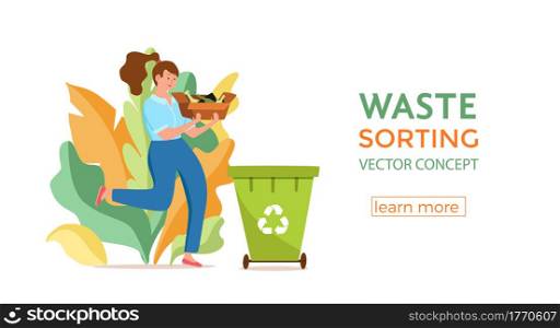 Young woman throwing glass garbage into containers vector illustration. Waste management concept with eco-friendly girl sorting waste into different tanks. Ecological infographic for save the Earth design. Young woman throwing glass garbage into containers vector illustration.