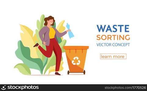 Young woman throwing plastic garbage into containers vector illustration. Waste management concept with eco-friendly girl sorting waste into different tanks. Ecological infographic for save the Earth design. Young woman throwing plastic garbage into containers vector illustration.