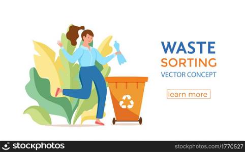 Young woman throwing plastic garbage into containers vector illustration. Waste management concept with eco-friendly girl sorting waste into different tanks. Ecological infographic for save the Earth design. Young woman throwing plastic garbage into containers vector illustration.