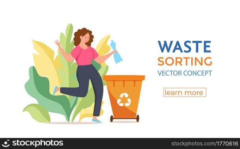 Young woman throwing plastic garbage into containers vector illustration. Waste management concept with eco-friendly girl sorting waste into different tanks. Ecological infographic for save the Earth design. Young woman throwing plastic garbage into containers vector illustration