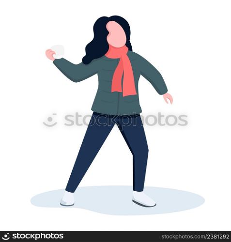 Young woman throwing snowball semi flat color vector character. Standing figure. Full body person on white. Park visitor simple cartoon style illustration for web graphic design and animation. Young woman throwing snowball semi flat color vector character