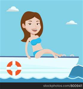Young woman travelling by ship. Happy tourist tanning on sailboat. Smiling girl sitting on the front of yacht. Girl resting during summer trip on yacht. Vector flat design illustration. Square layout.. Young happy woman tanning on sailboat.