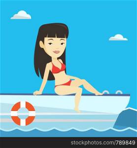 Young woman travelling by yacht. Woman tanning on yacht during summer trip. Girl sitting on the front of yacht. Girl resting during summer trip on yacht. Vector flat design illustration. Square layout. Young happy woman tanning on sailboat.