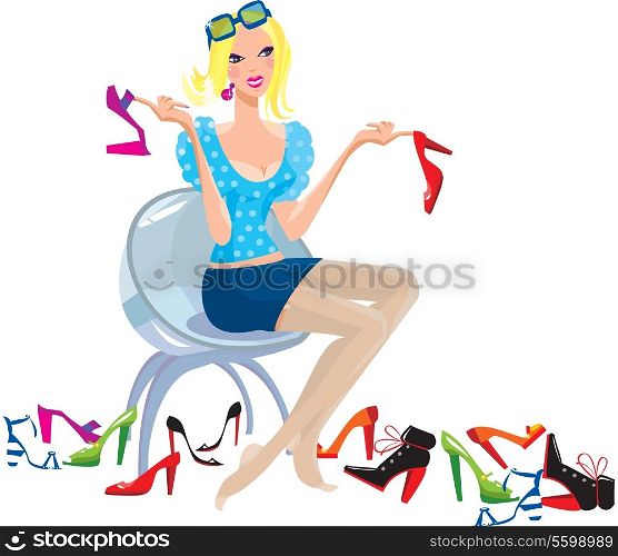 Young woman tries on shoes. vector, white background