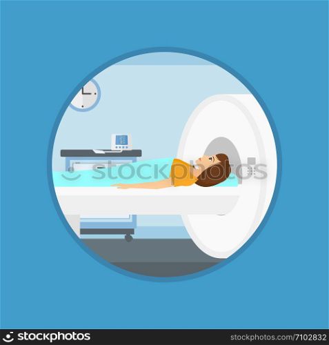 Young woman undergoes magnetic resonance imaging scan test at hospital room. Magnetic resonance imaging machine scanning patient. Vector flat design illustration in the circle isolated on background.. Magnetic resonance imaging.