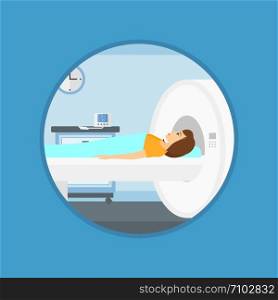 Young woman undergoes magnetic resonance imaging scan test at hospital room. Magnetic resonance imaging machine scanning patient. Vector flat design illustration in the circle isolated on background.. Magnetic resonance imaging.