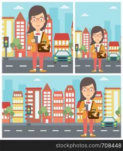 Young woman using a smartphone. Business woman with briefcase working with smartphone on a city background. Vector flat design illustration. Square, horizontal, vertical layouts.. Woman using smartphone vector illustration.
