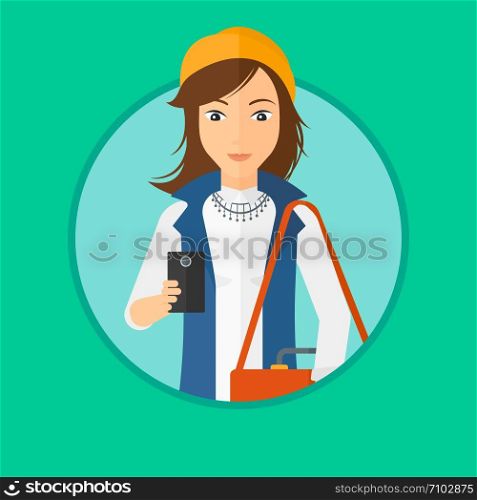 Young woman using a smartphone. Professional business woman with suitcase working with smartphone. Woman messaging on smartphone. Vector flat design illustration in the circle isolated on background.. Woman using smartphone.