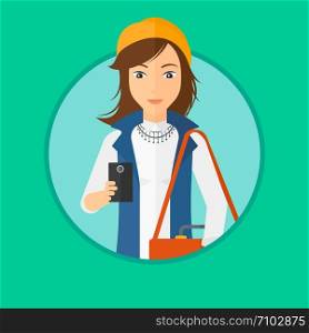 Young woman using a smartphone. Professional business woman with suitcase working with smartphone. Woman messaging on smartphone. Vector flat design illustration in the circle isolated on background.. Woman using smartphone.