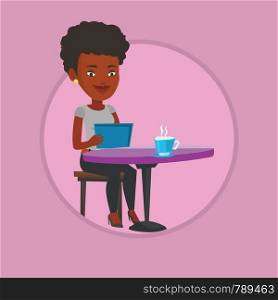 Young woman using a tablet and surfing in the social network. Woman rewriting in social network in a cafe. Social network concept. Vector flat design illustration in the circle isolated on background.. Woman surfing in the social network in cafe.