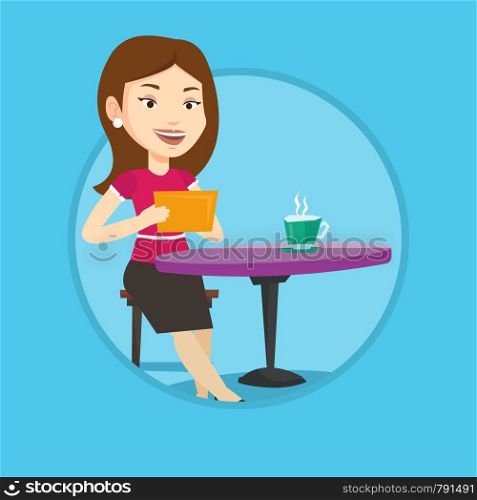 Young woman using a tablet and surfing in the social network. Woman rewriting in social network in a cafe. Social network concept. Vector flat design illustration in the circle isolated on background.. Woman surfing in the social network in cafe.