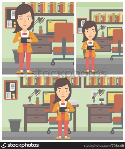 Young woman using a tablet computer. Business woman working with a digital tablet on the background of office. Vector flat design illustration. Square, horizontal, vertical layouts.. Woman using tablet computer vector illustration.