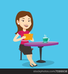 Young woman using a tablet computer in a cafe. Woman surfing in the social network. Social network concept. Woman rewriting in social network in a cafe. Vector flat design illustration. Square layout.. Woman surfing in the social network in cafe.