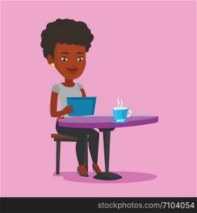 Young woman using a tablet computer in a cafe. Woman surfing in the social network. Vector flat design illustration. Square layout.. Woman surfing in the social network in cafe.