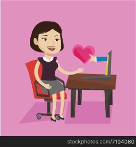 Young woman using laptop and dating online. Caucasian woman looking for online date on the internet. Girl getting virtual love message on the internet. Vector flat design illustration. Square layout.. Young woman dating online using laptop.