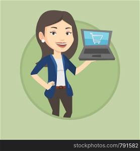 Young woman using laptop for online shopping. Woman holding laptop with shopping trolley on a screen. Woman doing online shopping. Vector flat design illustration in the circle isolated on background.. Woman shopping online vector illustration.