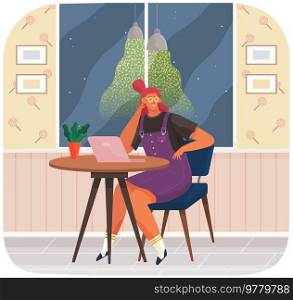 Young woman using laptop. Girl is freelancing, working on computer at night. Female freelancer sitting at table, using technology and working. Remote work from home, freelancing, online training. Young woman using laptop, computer. Remote work from home, freelancing, online training concept