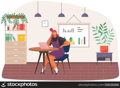 Young woman using laptop. Girl is freelancing, working on computer at workplace. Female freelancer sitting at table, using technology and working. Remote work in office, freelancing, online training. Girl is freelancing, working on computer at workplace. Woman uses laptop, works in office