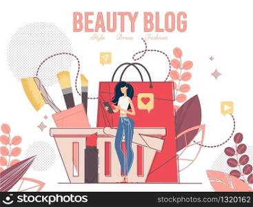 Young Woman Using Style Fashion Beauty Blog on Digital Mobile Tablet Device for Shopping. Cosmetics in Shopping Basket, Paper Bag. Dress Ordering, Purchasing, Delivery Online. Poster Design. Young Woman Using Beauty Blog for Shopping Poster