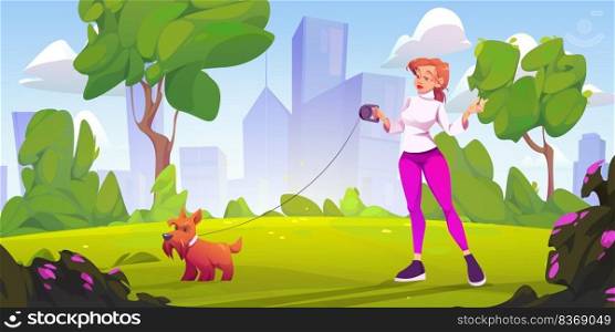 Young woman walking dog in summer city park. Certoon vector illustration of female character standing on green lawn with pet on leash, urban buildings and trees on background. Outdoor activity. Young woman walking dog in summer city park