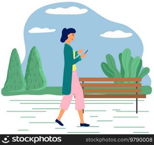 Young woman walking in park with mobile phone using smartphone to share posts in social networks, chatting with friends, sending message. Girl holds smart phone to make repost of video and news. Young woman walking in park with mobile phone using smartphone to share posts in social networks