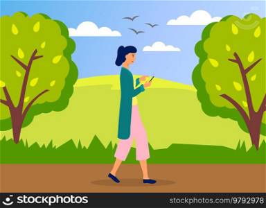 Young woman walking in park with mobile phone using smartphone to share posts in social networks, chatting with friends, sending message. Girl holds smart phone to make repost of video and news. Young woman walking in park with mobile phone using smartphone to share posts in social networks