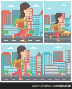 Young woman walking in the city with suitcase full of money. Vector flat design illustration. Square, horizontal, vertical layouts.. Woman with suitcase full of money.