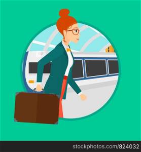 Young woman walking on the train platform on the background of arriving at the station. Woman going out of train. Vector flat design illustration in the circle isolated on background.. Woman at the train station.