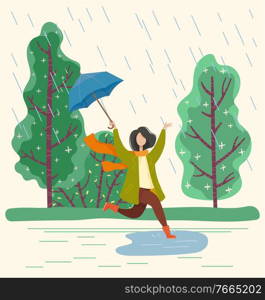Young woman walking under rain and jumping into puddle. Person dressed in pants, cardigan and scarf. Lady hold waterproof umbrella in hand. Rainy and windy weather in autumn. Vector illustration. Woman Walking Under Rain and Jumping Into Puddle