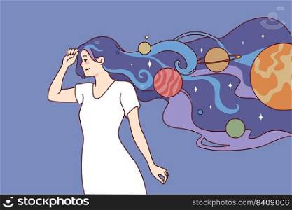 Young woman walking with space and planets in hair. Girl full with creative and imaginary thoughts and ideas. Imagination and creativity concept. Vector illustration.. Woman with universe draw on hair