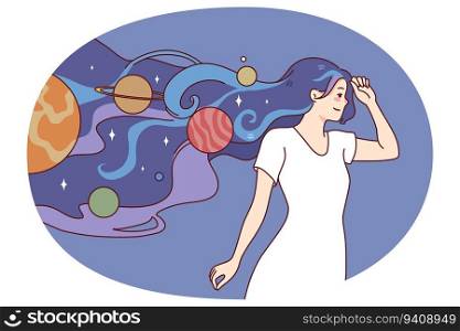 Young woman walking with space and planets in hair. Girl full with creative and imaginary thoughts and ideas. Imagination and creativity concept. Vector illustration.. Woman with universe draw on hair