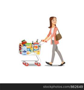 Young Woman Walking with Supermarket Cart Full of Food and Drinks Cartoon Vector Illustration Isolated on White Background. Shopping in Grocery, Making Purchases, Buying Groceries for Family Concept