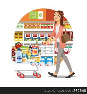 Young Woman Walking with Supermarket Cart Full of Food and Drinks Near Shelves with Food Products Cartoon Vector Illustration. Shopping in Grocery, Making Purchases, Buying Groceries for Family Icon