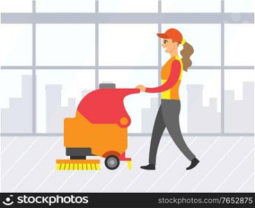 Young woman washing and dusting store floor with machine. Cleaning lady wearing uniform in supermarket vector. Purity and hygiene vector illustration. Woman Cleaning Store Floor with Machine Vector