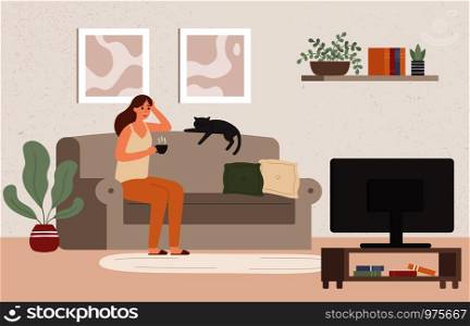 Young woman watch TV. Girl lying on couch with coffee mug and watching television show series. Female resting at cozy living room after work and watch movie vector illustration. Young woman watch TV. Girl lying on couch with coffee mug and watching television show series vector illustration