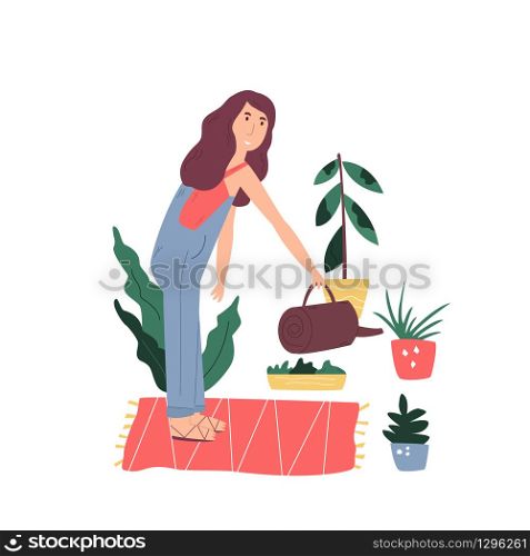 Young woman watering flowers at home. Gardener character. Favorite hobby concept. Young gardener woman watering flowers at home.