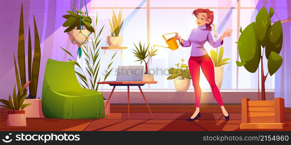 Young woman watering plants at home garden, office, house or apartment room with working place, laptop, armchair at wide window with cityscape view. Girl caring for flowers Cartoon vector illustration. Young woman watering plants at home garden, office