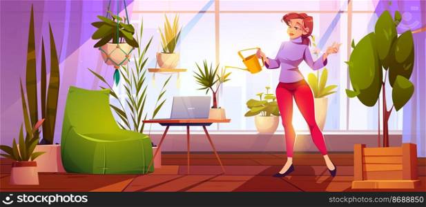 Young woman watering plants at home garden, office, house or apartment room with working place, laptop, armchair at wide window with cityscape view. Girl caring for flowers Cartoon vector illustration. Young woman watering plants at home garden, office