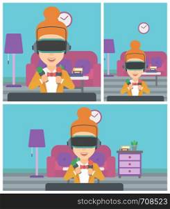 Young woman wearing a virtual reality headset and holding motion controllers in hands. Woman playing video games in apartment. Vector flat design illustration. Square, horizontal, vertical layouts.. Woman wearing virtual reality headset.