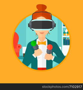 Young woman wearing a virtual relaity headset and holding motion controllers in hands. Woman playing video games in apartment. Vector flat design illustration in the circle isolated on background.. Woman wearing virtual reality headset.