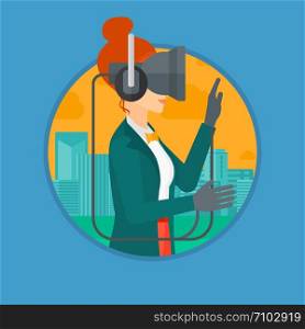 Young woman wearing a virtual relaity headset. Woman playing video games on a city background. Woman wearing gamer gloves. Vector flat design illustration in the circle isolated on background.. Woman wearing virtual reality headset.