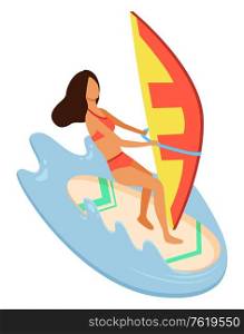Young woman wearing red swimsuit windsurfing in ocean. Beautiful girl with brown hair in bathing suit balancing on a board. Water sport, active summer leisure. Woman Wearing Swimming Suit Windsurfing Vector