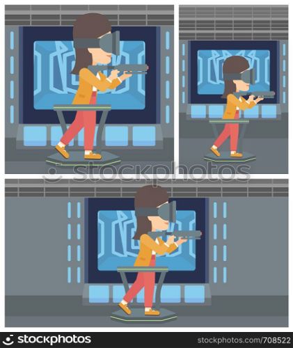 Young woman wearing virtual reality headset. Woman playing video game while standing on a treadmill with a gun in hands. Vector flat design illustration. Square, horizontal, vertical layouts.. Woman wearing virtual reality headset.
