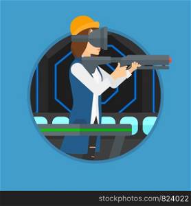 Young woman wearing virtual reality headset. Woman playing video game while standing on a treadmill with a gun in hands. Vector flat design illustration in the circle isolated on background.. Woman wearing virtual reality headset.