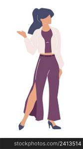 Young woman wearing white jacket and stylish pants semi flat color vector character. Posing figure. Full body person on white. Simple cartoon style illustration for web graphic design and animation. Young woman wearing white jacket and stylish pants semi flat color vector character