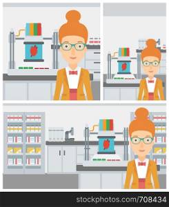 Young woman with 3D printer making a heart on the background of laboratory. Woman working with 3D printer. Vector flat design illustration. Square, horizontal, vertical layouts.. Woman with three D printer vector illustration.