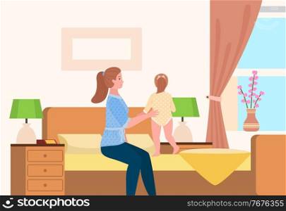 Young woman with a daughter sitting on couch at home. Small girl walks on the bed in living room interior. Mother on maternity leave caring for a child, playing teaches a child to walk. Happy family. Young woman with a daughter sitting on couch. Small girl walks on the bed in living room interior